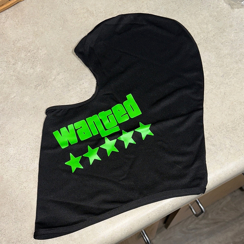 Black Balaclava with Green 'Wanted' Design